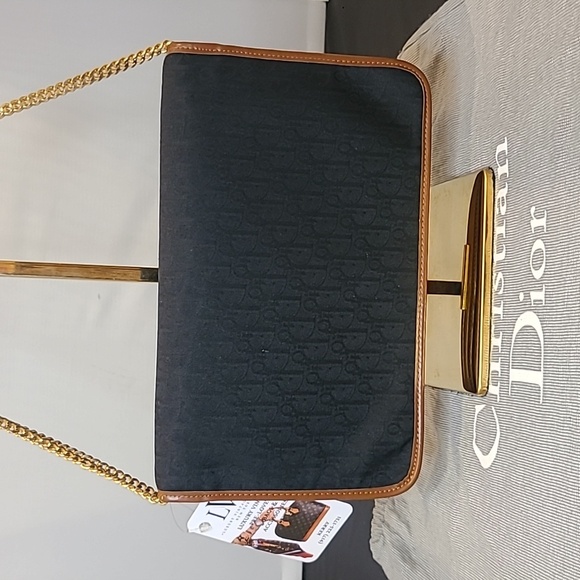 DIOR VINTAGE 1980S DIORISSIMO BLK CANVAS/LEATHER CHAIN FLAP CLUTCH/SHOULDER BAG - Picture 9 of 17